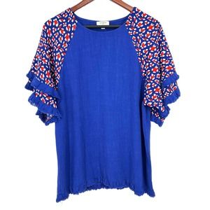 Umgee Womens Size Small Blue Floral Fringe Blouse Shirt Top Boho Bohemian Party